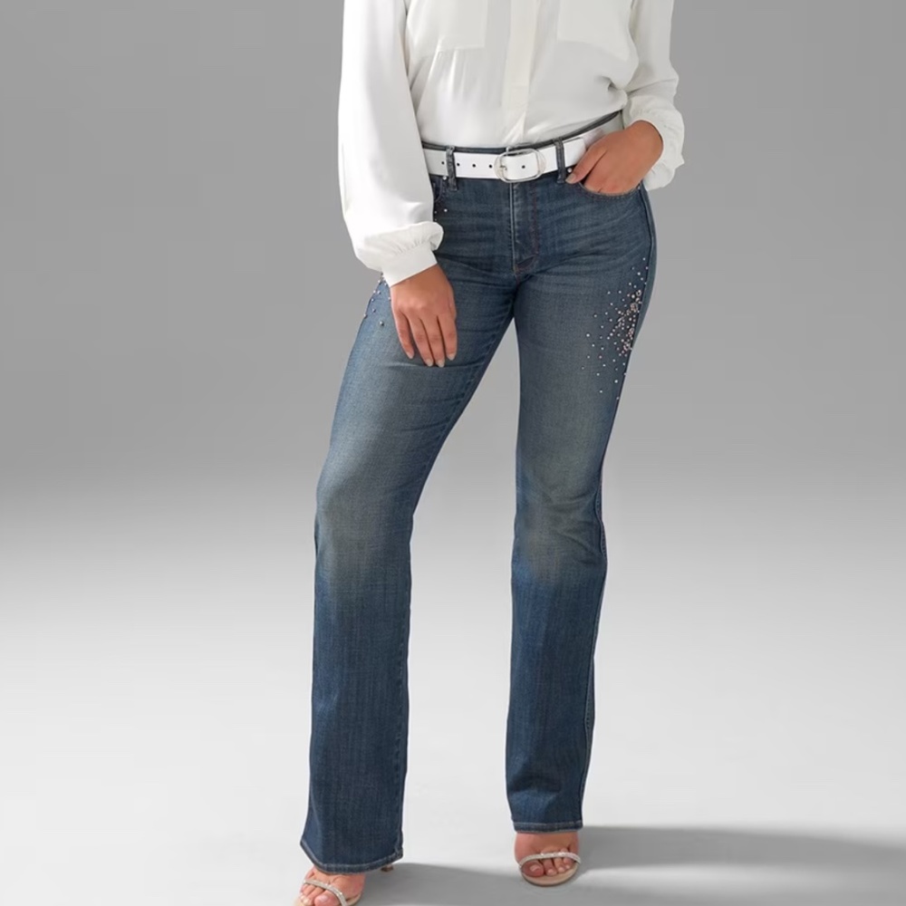 WHBM HR Embellished Skinny Flare Jeans  Medium wash sz 2s - Picture 4 of 7